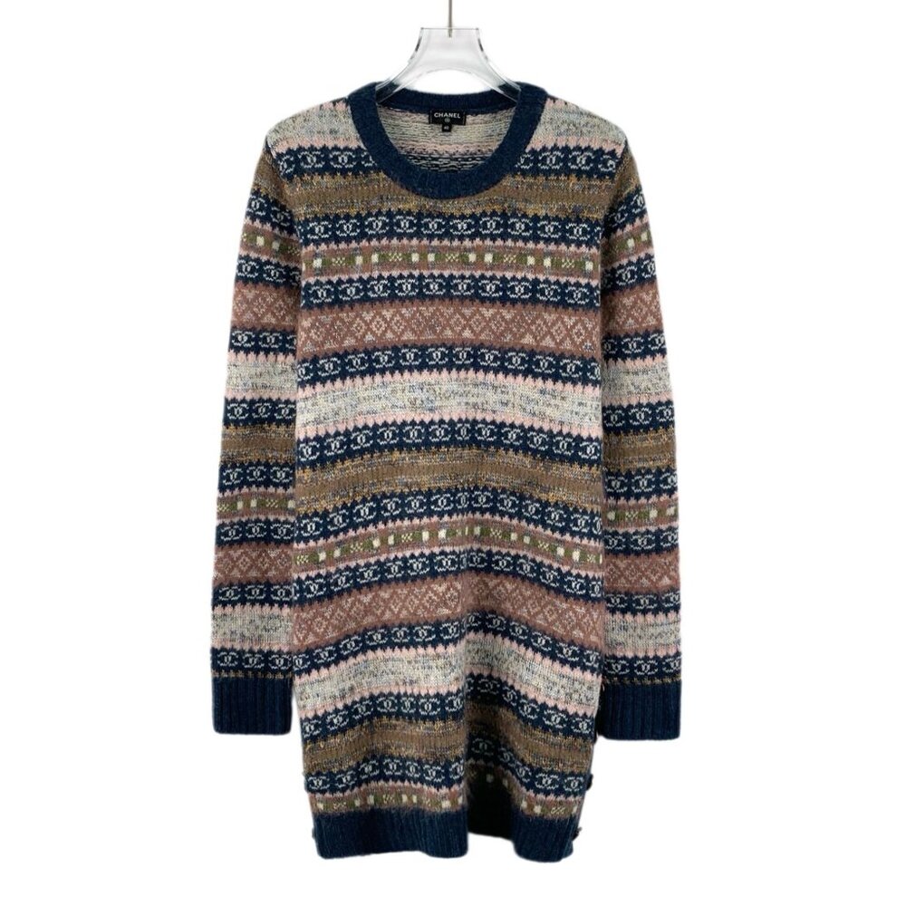 Chanel Roma Collection Two-Tone Striped Logo-Embroidered Cashmere Crew-Neck Long